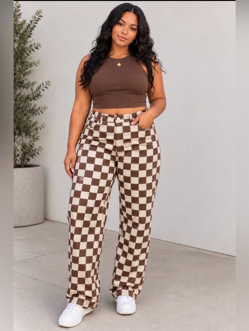The Ragged Priest Brown and Cream Checkerboard Wide-Leg Pants